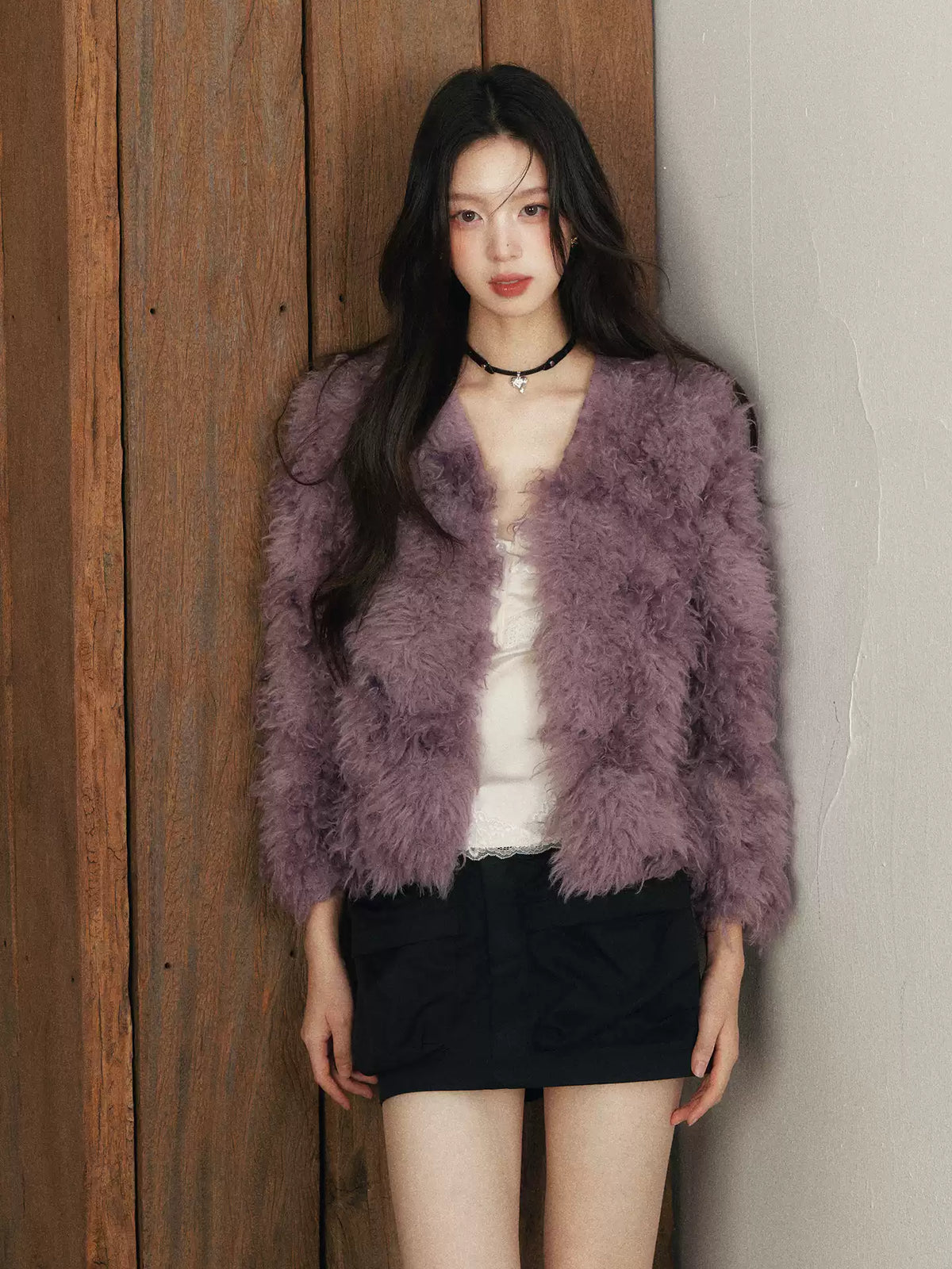 1P - Purple Faux Fur V-Neck Cropped Jacket