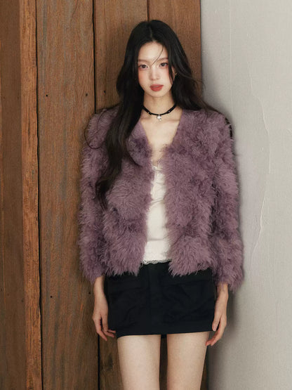 1P - Purple Faux Fur V-Neck Cropped Jacket