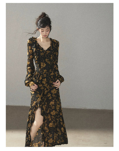 AOMALM - Black & Golden Brown Floral Ruffle Maxi Dress with High Side Slit