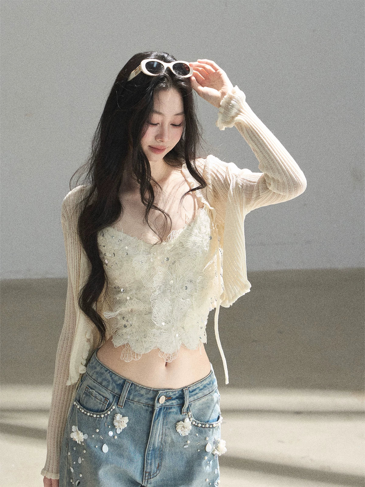 "Waiting for the Breeze" Apricot Lace Knit Cardigan & Cami Set