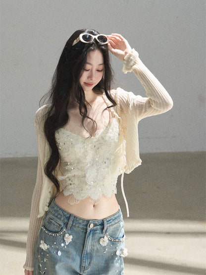"Waiting for the Breeze" Apricot Lace Knit Cardigan & Cami Set