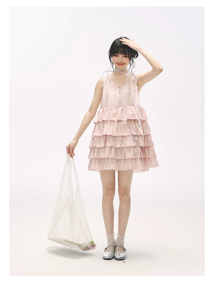 "Misty Pink Reverie" Petal Pink Lace Tie Tiered Sleeveless Dress