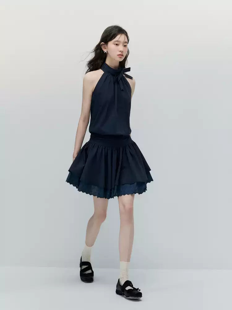 Navy Blue Bow-Tie Halter Dress with Double-Layer Lace Hem