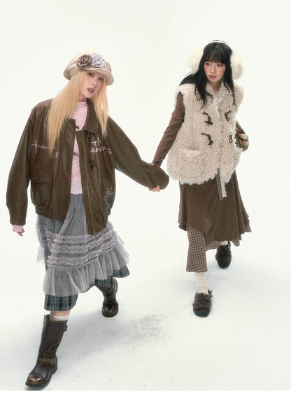 CAN - "The Velvet Alcove" Light Coffee Brown Reversible Plaid Shearling Vest