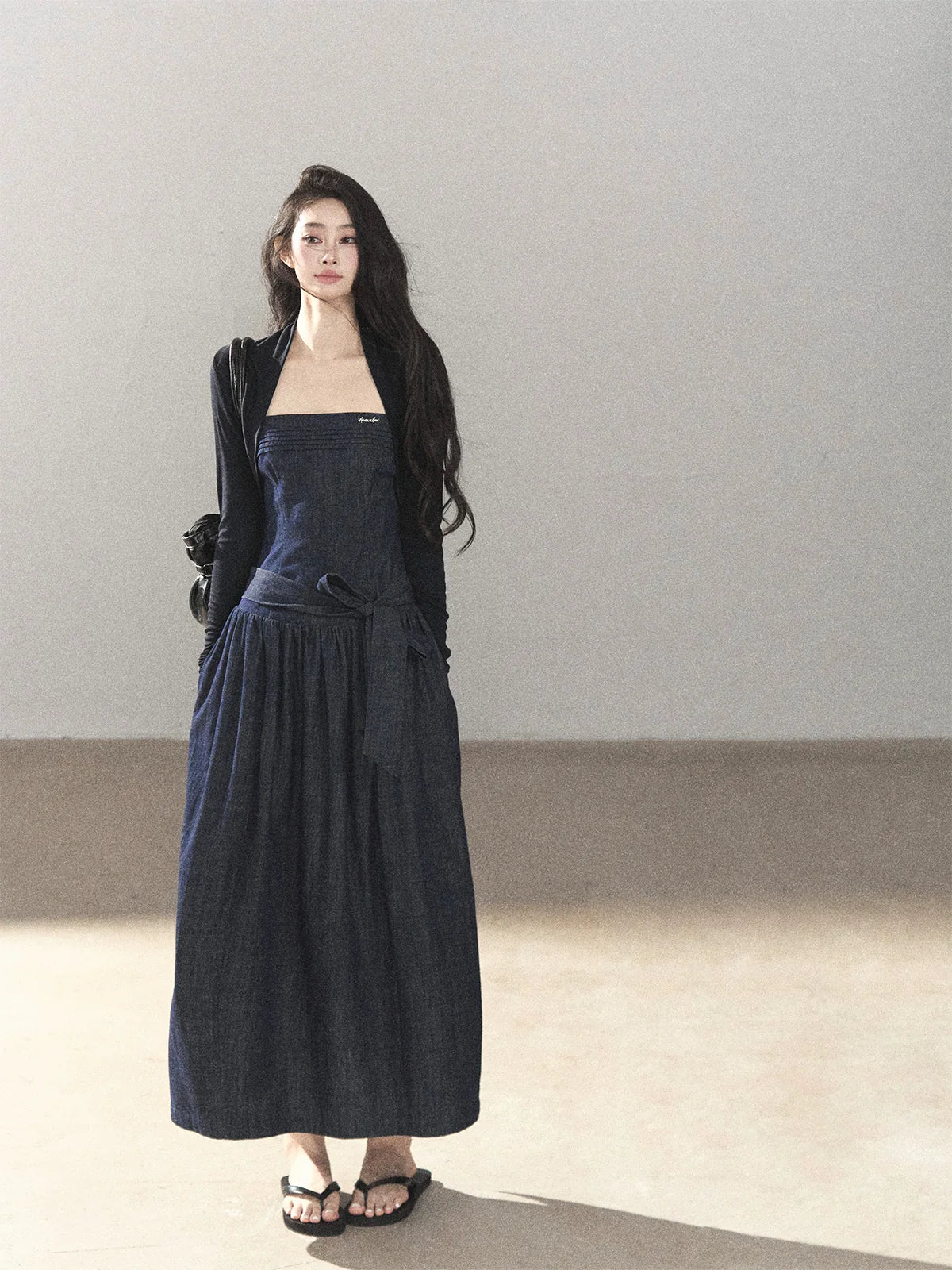 AOMALM - Navy Denim Long Dress with Matching Cardigan & Side Slit