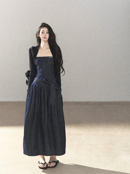AOMALM - Navy Denim Long Dress with Matching Cardigan & Side Slit