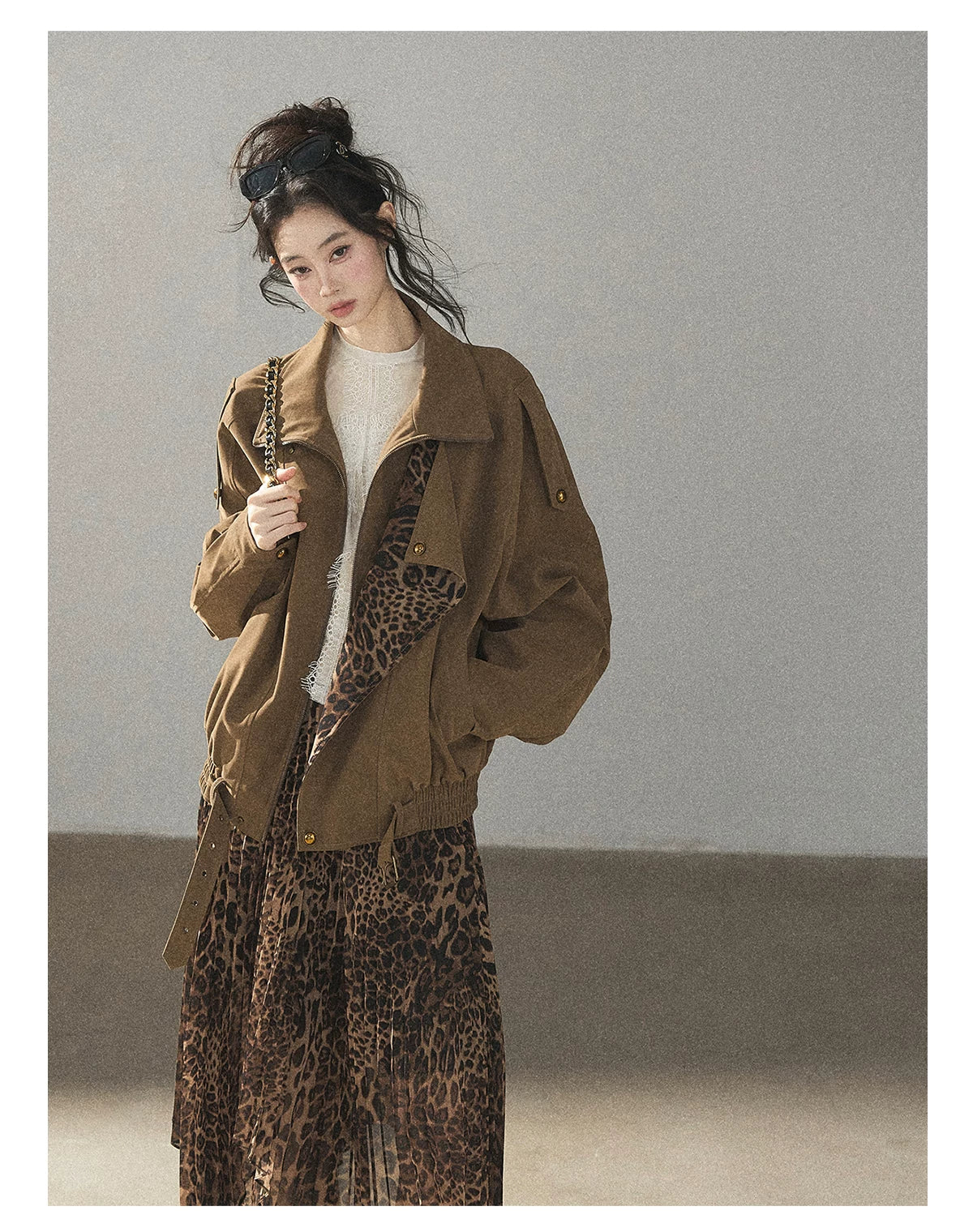 AOMALM - “Acorn & Fallen Leaves” Korean Leopard Print Chestnut Brown Faux Suede Jacket