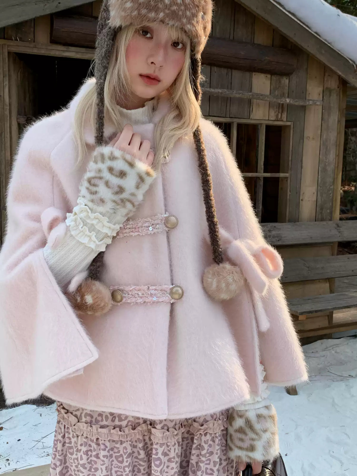 RF - Vintage Pink Fuzzy Cropped Cape Coat with Ribbon Buttons