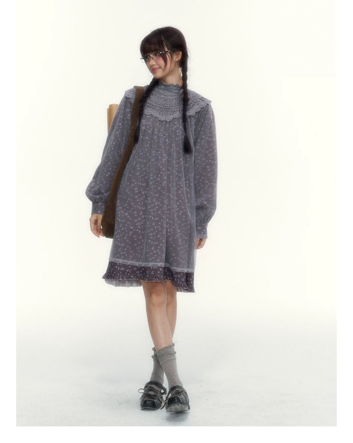 Gray Purple Floral Mesh Overlay A-Line Dress