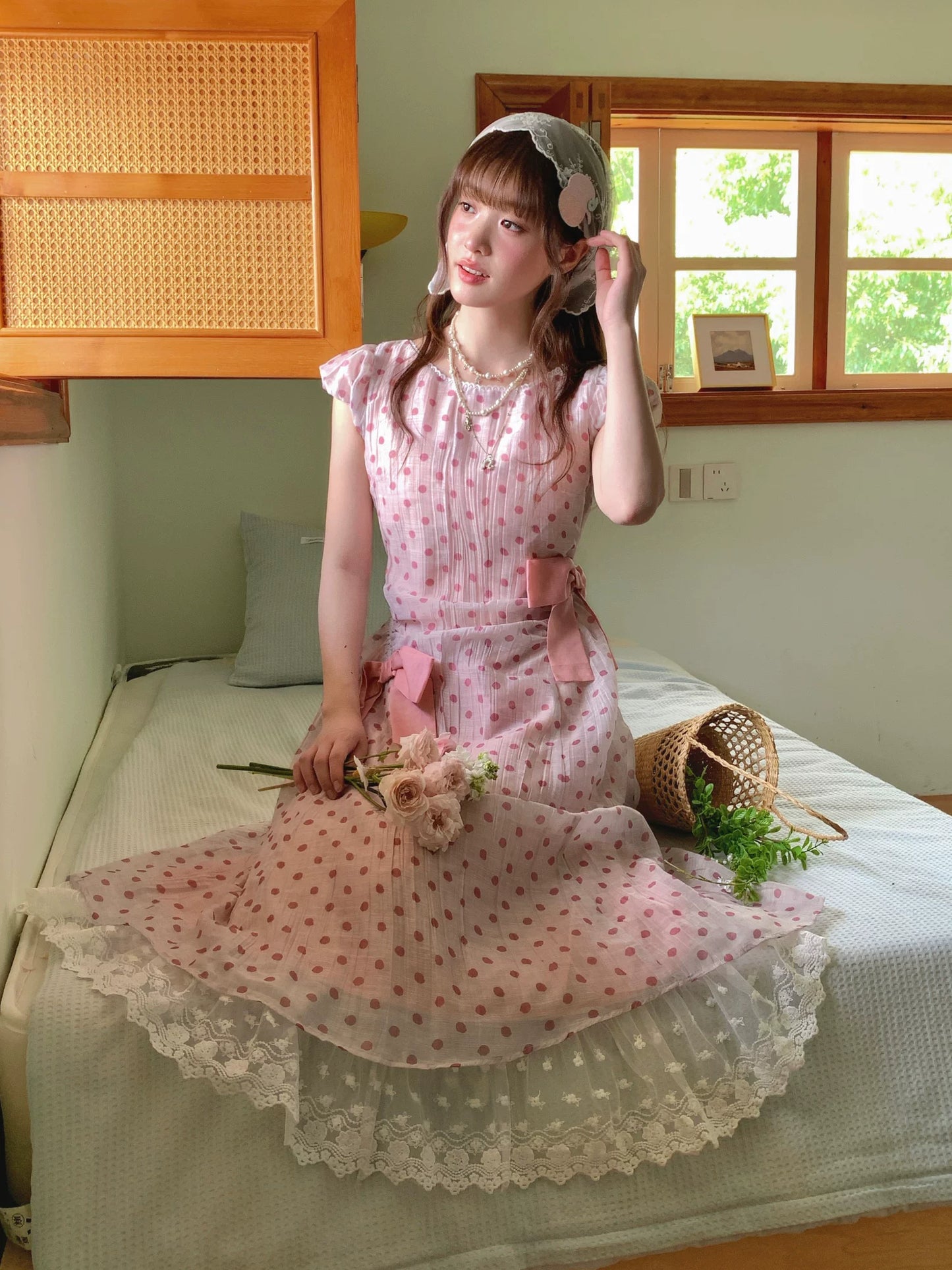 [RF] “Pink Mist Polka” Vintage Polka Dot Maxi Dress
