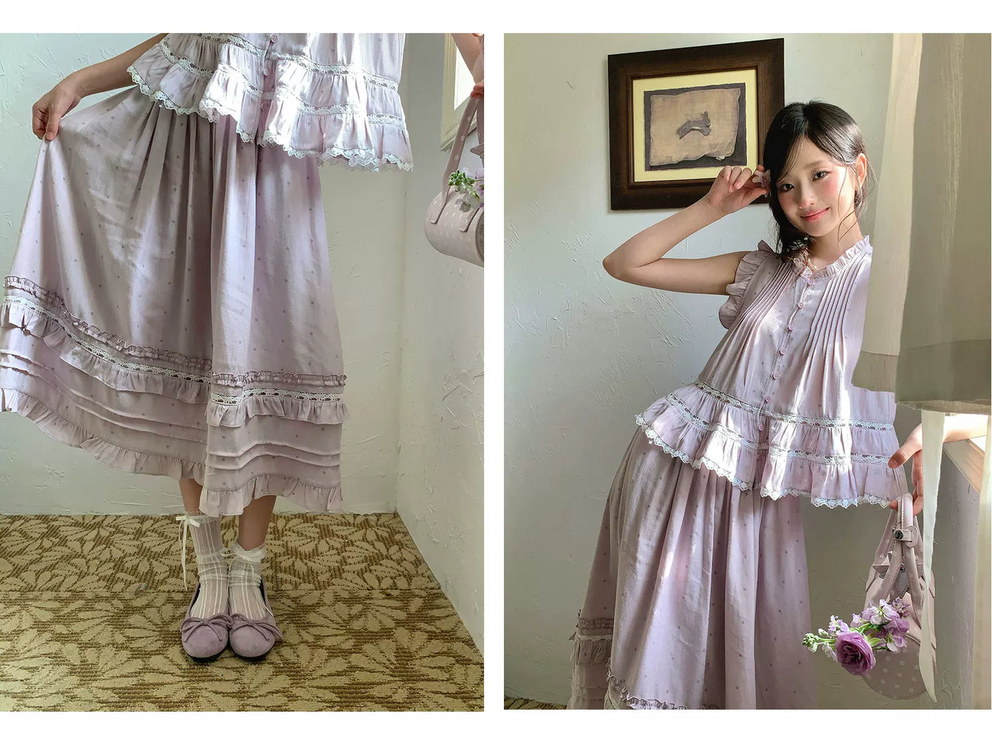 “Taro Polka Reverie” Lavender Polka Dot Skirt Set