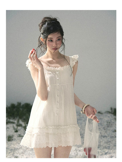 "Shimmer Along the Hem" Cloud White Lace Flutter Sleeve Babydoll Mini Dress 53413