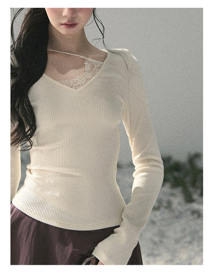 “Day & Night” Milk Apricot Lace Knit Top