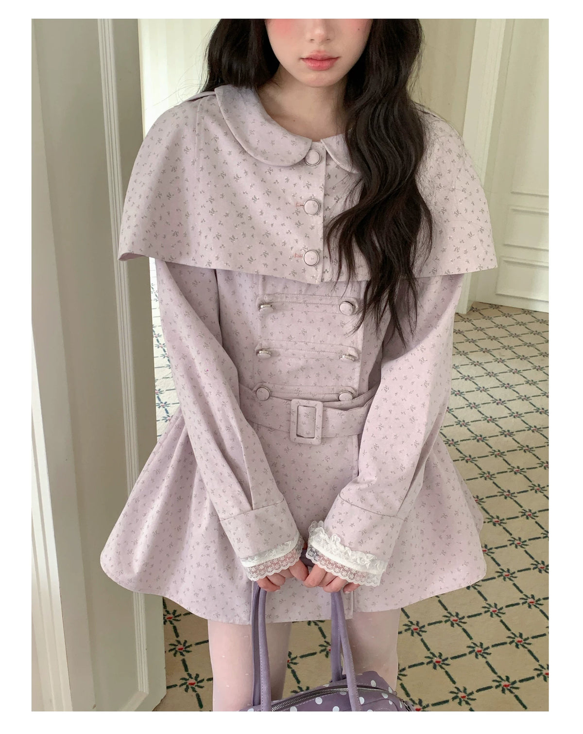 [RF] “Taro Cloud” Pink Double-Breasted Waist-Defined Cape Coat