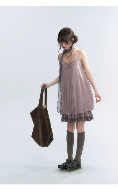 "Misty Lavender Reverie" Vintage Floral Lace Trim Midi Slip Dress