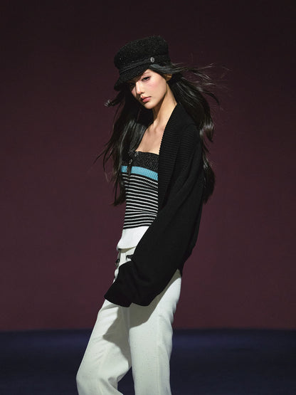 Contrast Tweed-Inspired Knit Cami & Wool Blend Cardigan Set