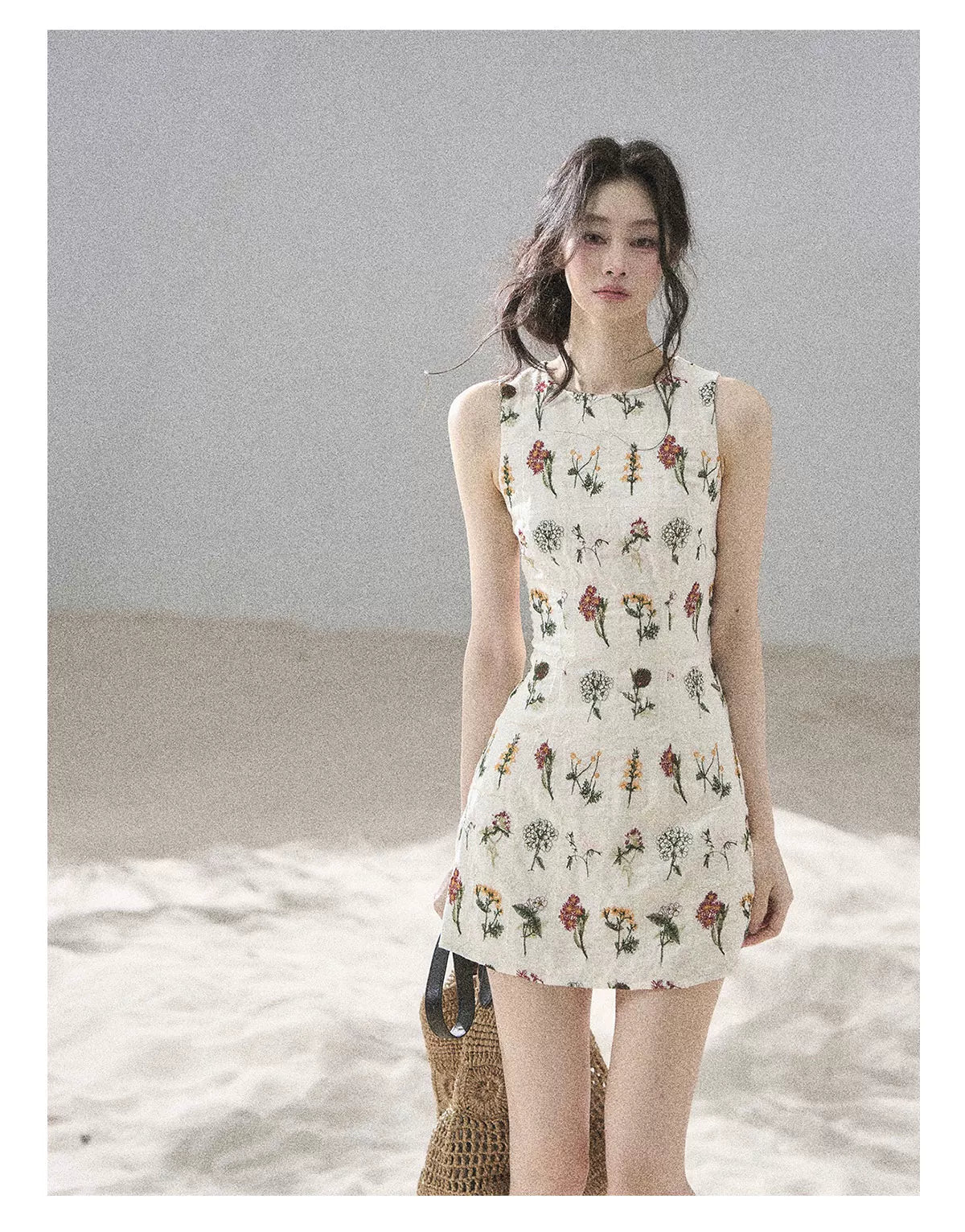 "Wildflower Daydream" Dutch Cream Embroidered Mini Dress - Sleeveless 45684