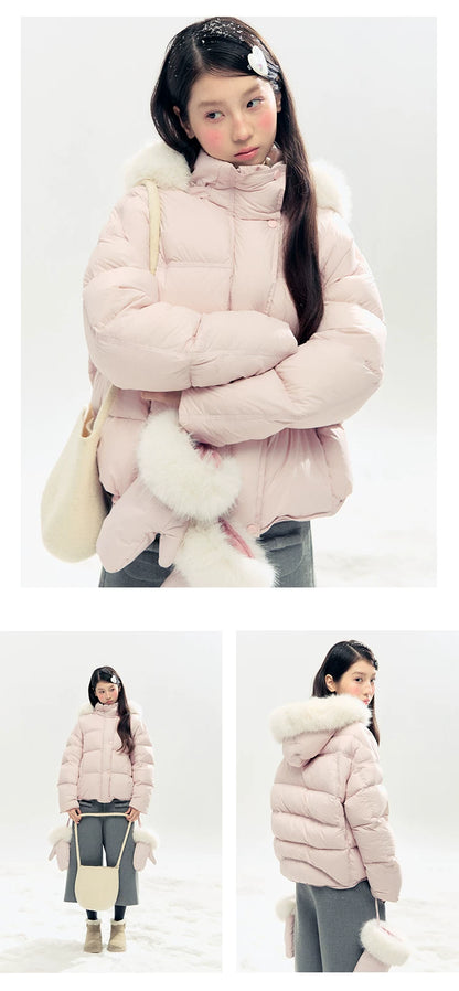 "Snowland Sprite" Peach Blush Lilac Hooded Down Jacket with Detachable Faux Fur Trim & Gloves