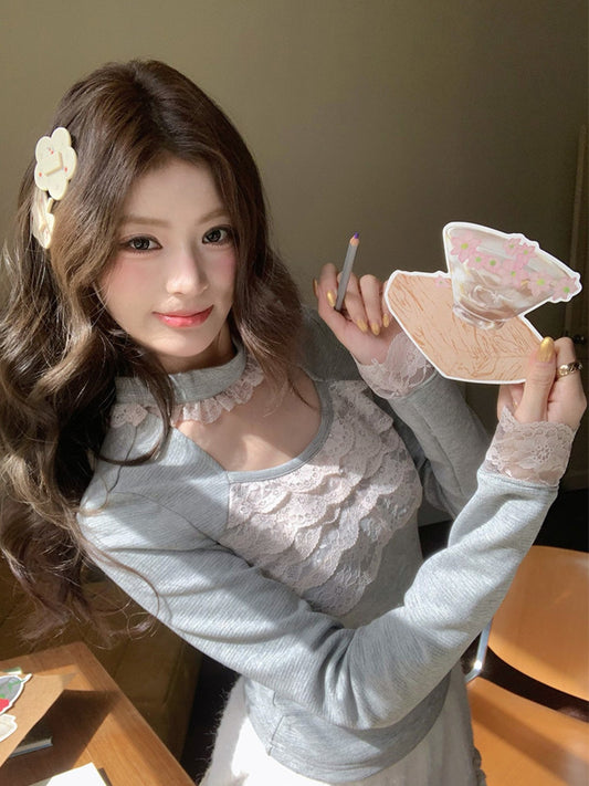 阮阮自制 - Satin Knot Mist Gray Lace-Panel Knit Base Top