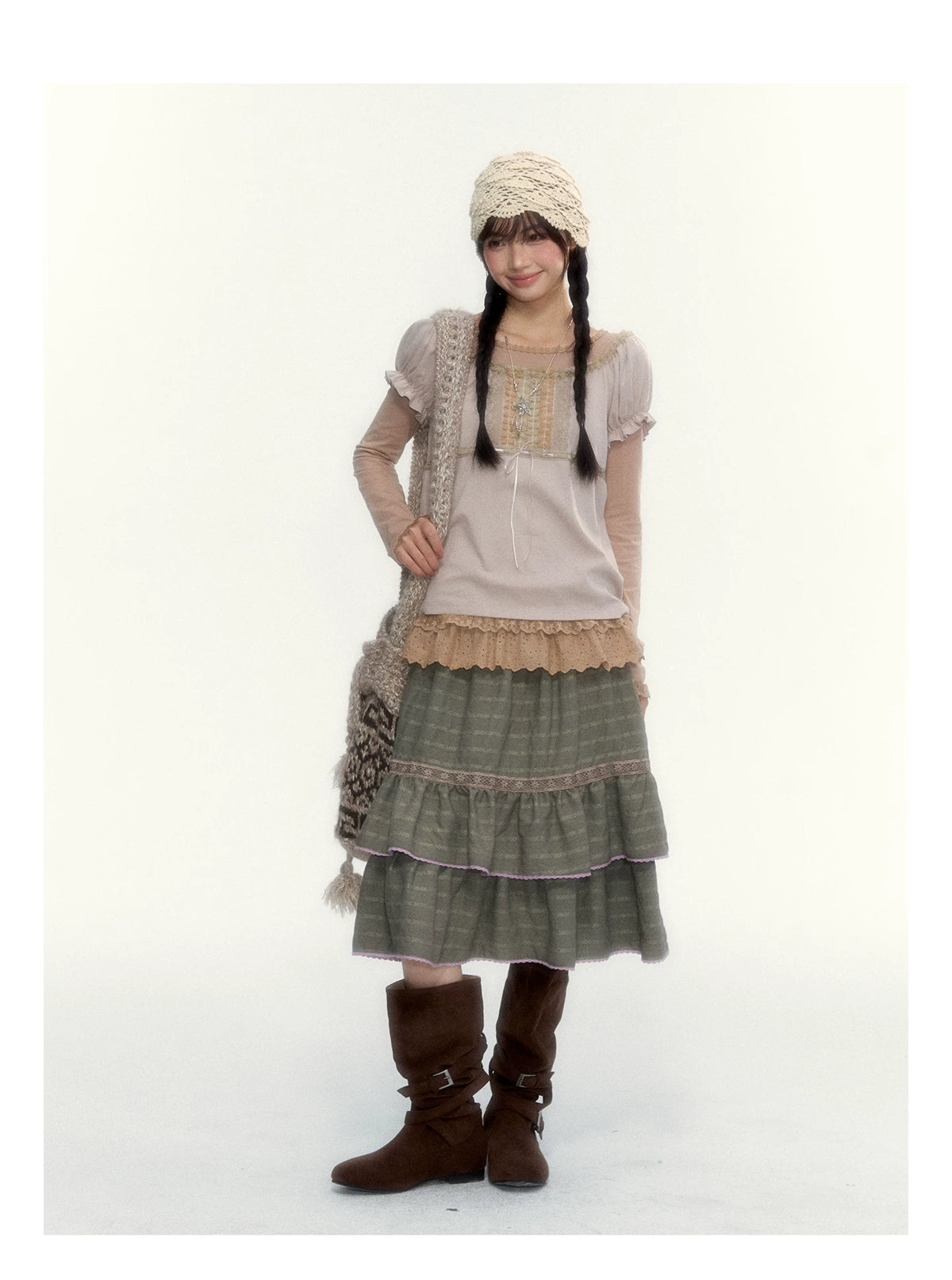 Dried Grass Green Vintage Lace Tiered A-Line Skirt