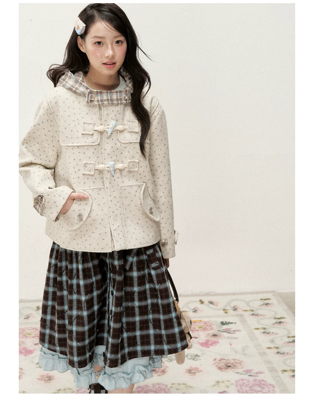 [RF] Floral Heather Beige Apricot Plaid-Trim Hooded Duffle Coat
