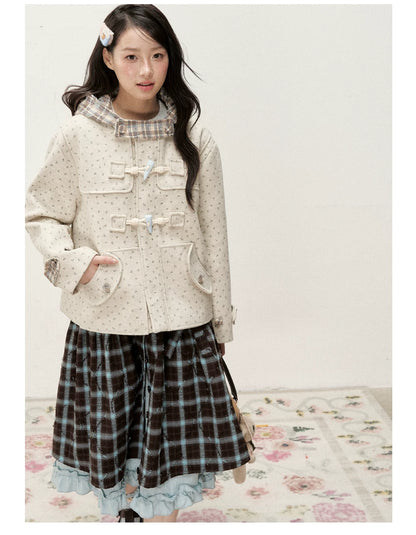 [RF] Floral Heather Beige Apricot Plaid-Trim Hooded Duffle Coat