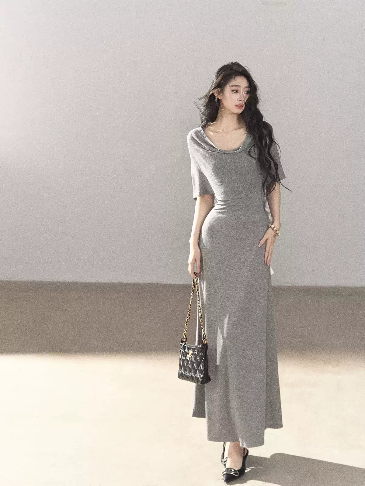 AOMALM - French-Inspired Two-Piece Maxi Dress Set with Layered Cape Overlay