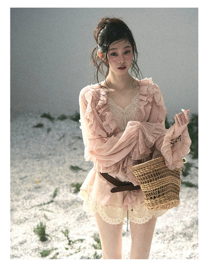 “Whispers of the Wind” Blush Pink Lace Chiffon Blouse (With Belt)