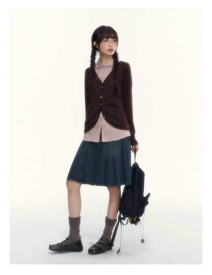 “Chestnut Book Knit” Red Brown Faux-Layered Colorful Button Cardigan