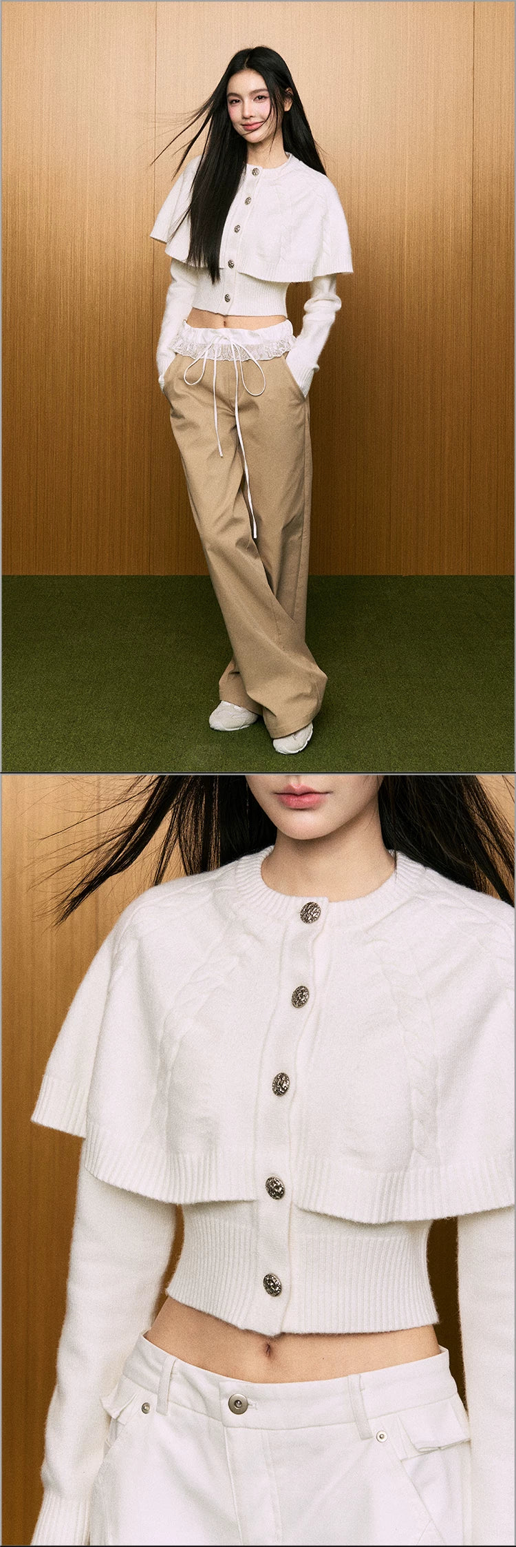 "First Bloom" Cable Knit Cape Cardigan (Ivory/ Navy)