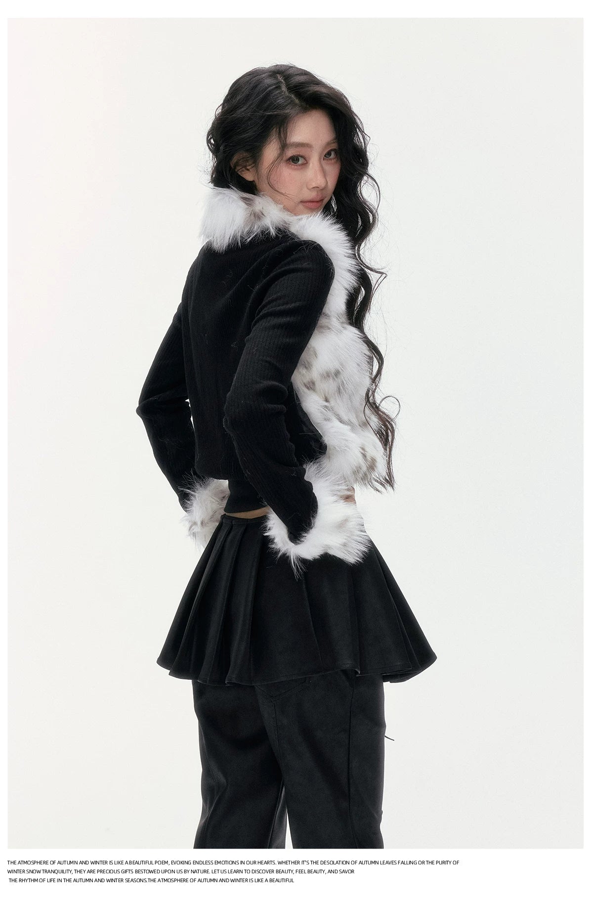 24olvides - Colorblock Faux Fur Jacket with Knit Sleeves