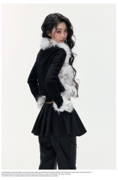 24olvides - Colorblock Faux Fur Jacket with Knit Sleeves