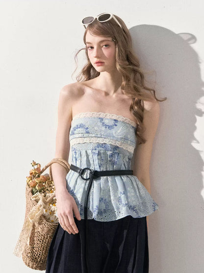 "Weekend Market" Blue Porcelain Peplum Tube Top