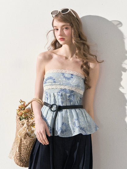 "Weekend Market" Blue Porcelain Peplum Tube Top