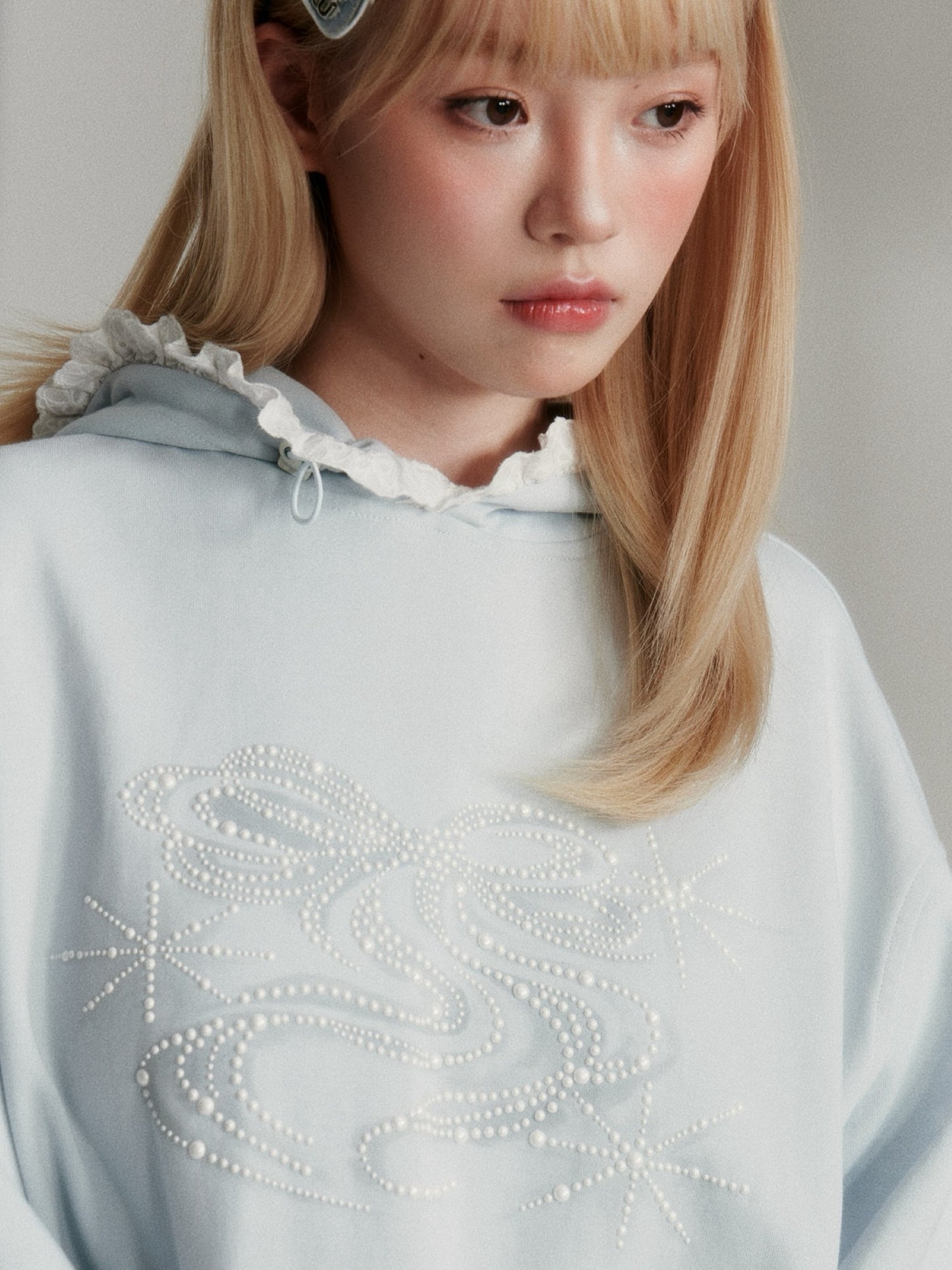 “Island Shell Blue” Pearl-Embellished Lace-Trim Hoodie 2416