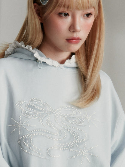 “Island Shell Blue” Pearl-Embellished Lace-Trim Hoodie 2416