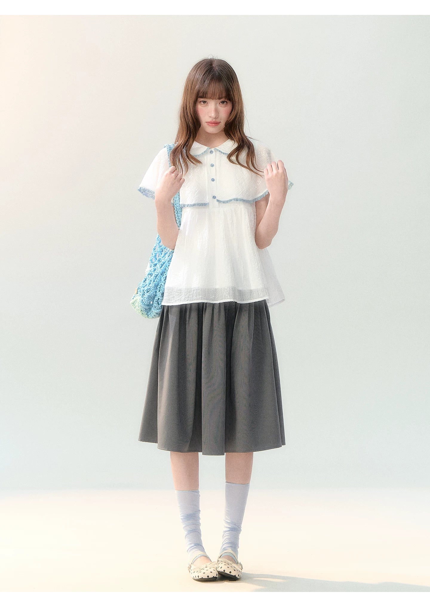 "Cloudside Letter" White Cape Collar Babydoll Blouse LL2026218