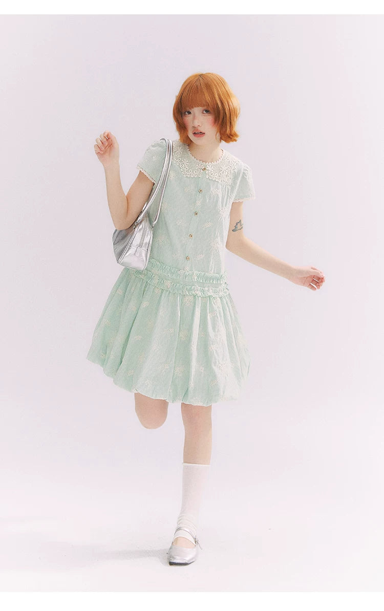 “Mint Lime” Green Stripe Lace Babydoll Dress