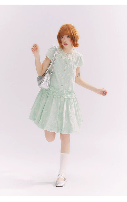 “Mint Lime” Green Stripe Lace Babydoll Dress