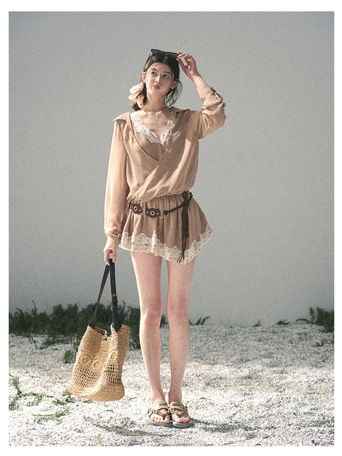少也眼 “Hidden in the Evening Breeze” Cheese Yellow Faux Two-Piece Chiffon Dress 146