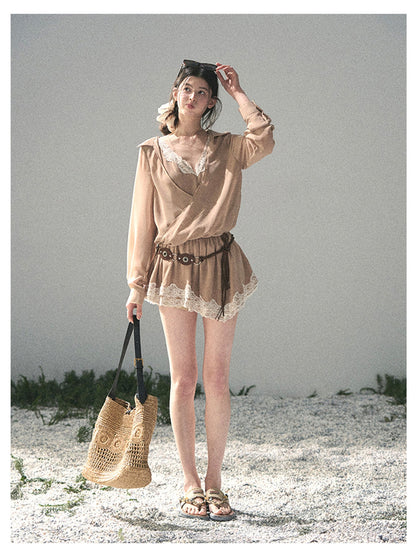 少也眼 “Hidden in the Evening Breeze” Cheese Yellow Faux Two-Piece Chiffon Dress 146