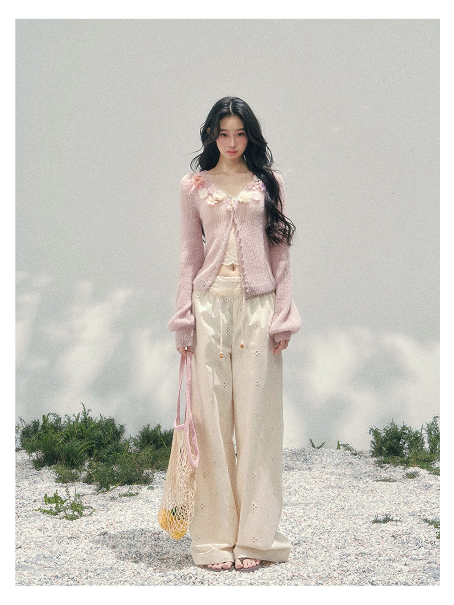 少也眼 “Spring Meadow Breeze” Floral-Embellished Mohair Knit Cardigan Set 5786998