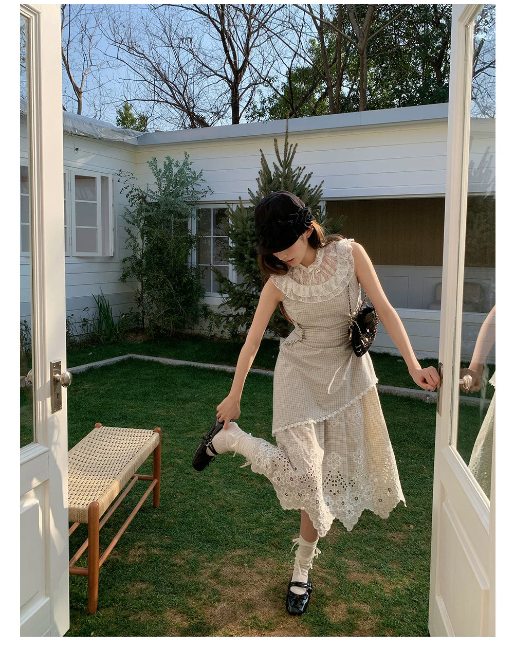 “Tea Garden Reverie” Light Apricot Plaid Embroidered Dress