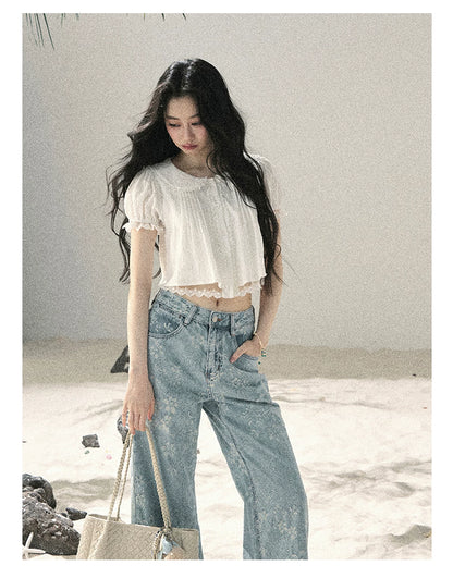 "Speechless Moonlight" Cloud White Lace Puff Sleeve Crop Top 74555