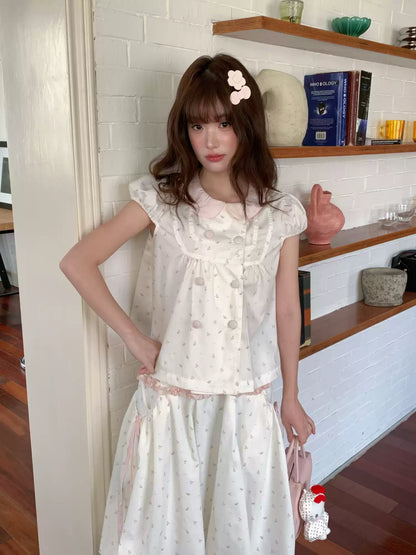 [RF] “White Peach Milk Foam” Pink & White Floral Polka Dot Two-Piece Set