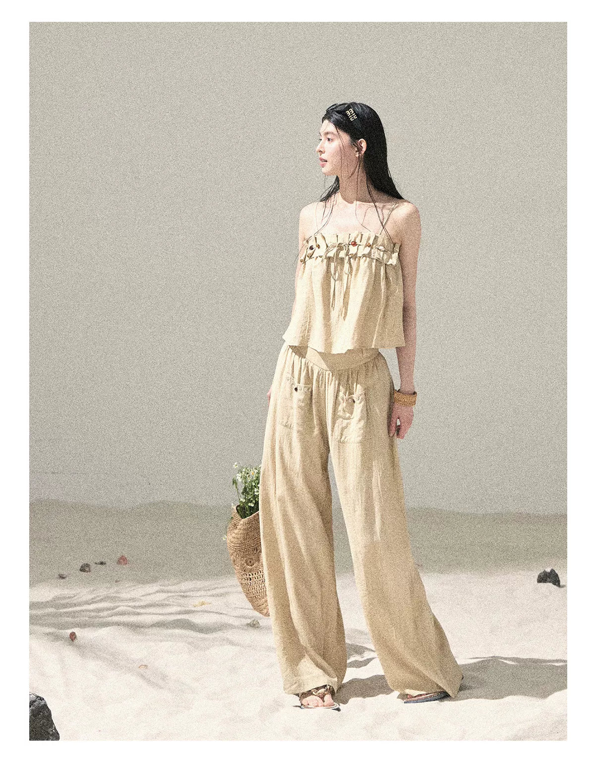 "Traces of the Wind" Sand Beige Cami & Wide-Leg Pants Set