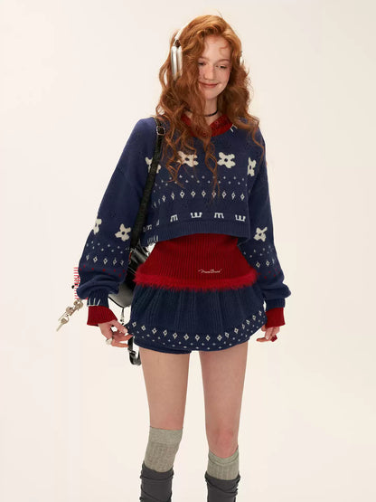 MAMC - Star & Floral Knit Crop Sweater + Skort Set WE770 (Midnight Navy)