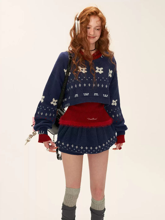 MAMC - Star & Floral Knit Crop Sweater + Skort Set WE770 (Midnight Navy)