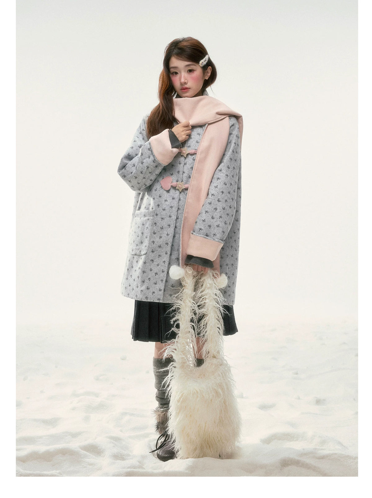 BIBIBENCY - Gray Floral Scarf-Trim Wool-Look Coat