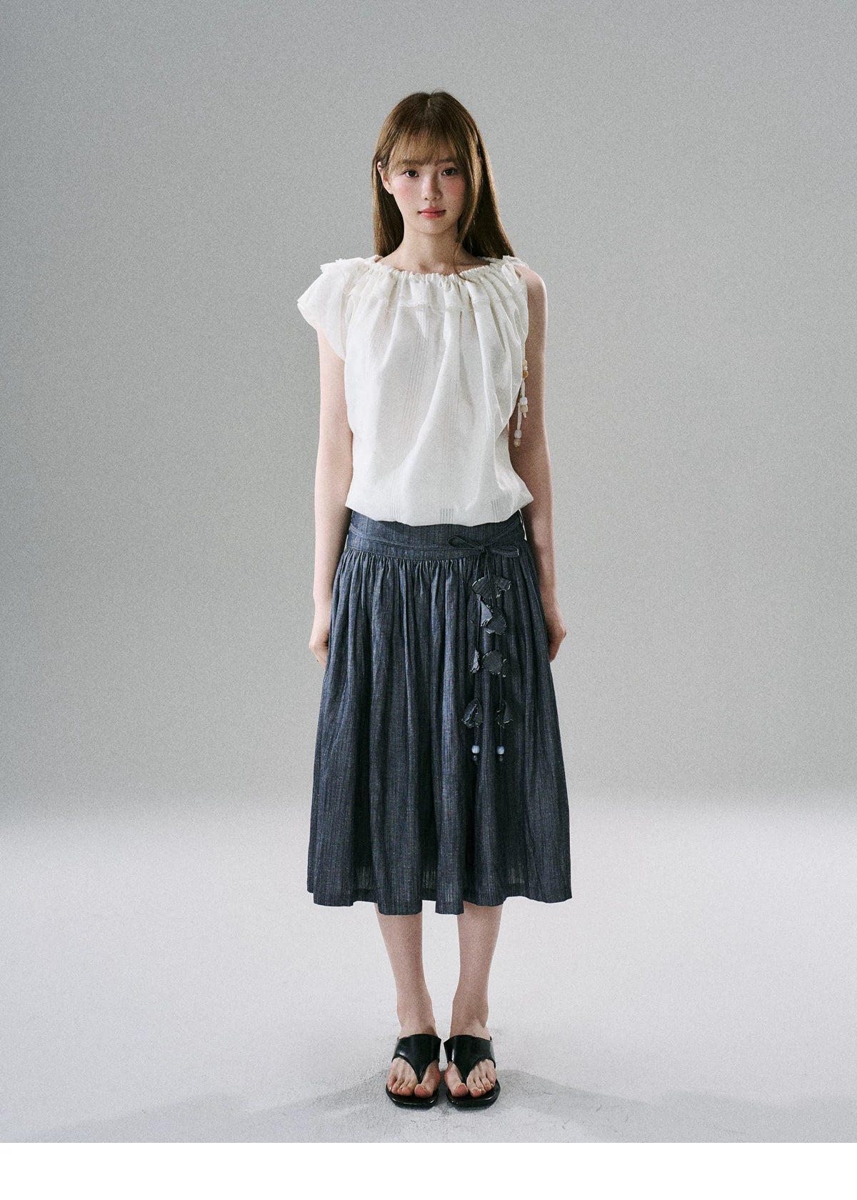 LOST FOREST - Flower Belt Striped Midi Dress (Natural Hemp / Blue Stripe / Orange Stripe)
